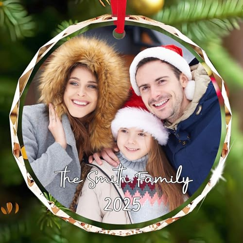 Personalised Christmas Baubles with Photo & Names - 2026 Custom Glass Crystal Ornament, Personalised Xmas Tree Decorations, Gift for Family, Babies First Christmas, Wedding, New Home