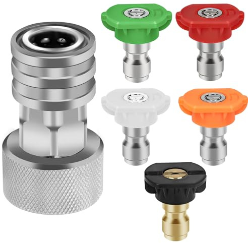 Garden Hose to Pressure Washer Adapter&Five-Color Nozzles, Pressure Washer Adapter for Hose Stainless Steel Material 3/4 GHT to 1/4, Suitable for Car Washing & Household Cleaning