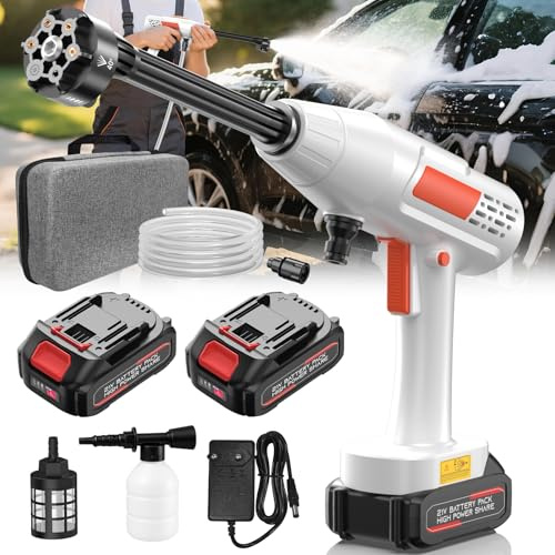 Nettoyeur haute pression sans fil, mobile, avec 2 batteries, buse multifonction 6 en 1 et tuyau de 5 m, pour voiture, jardin, terrasse, maison