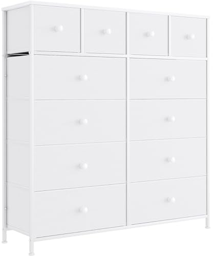 Clevich Stoff-Kommode, Schubladenschrank mit 12 Stoff-Schubladen, Aufbewahrungsschrank Industriedesign, Metallgestell, Wohnzimmerkommode, Flurmöbel, Schlafzimmerschrank (Weiß)