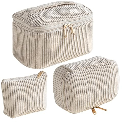 JSTHHTT 3er Set Kosmetiktasche Kulturtasche Damen, Reise Kosmetiktasche Set Damen, Kulturbeutel Make Up Tasche Groß Klein, Tragbare Schminktasche Makeup Bag Reisetasche Waschtasche, (Beige)