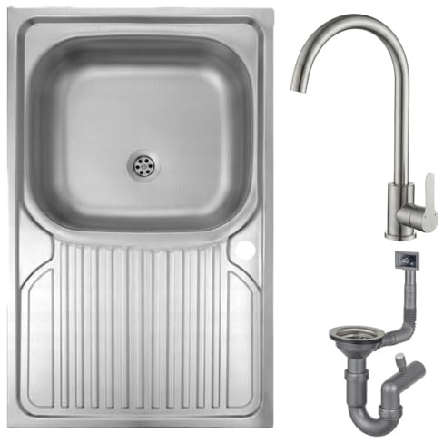 DomoDomo – Spülbecken Küche 80x60 cm aus Edelstahl mit Abtropffläche – Spüle mit Armatur Set komplett mit Wasserhahn – Spülbecken mit Armatur und Siphon – Edelstahl Spülbecken