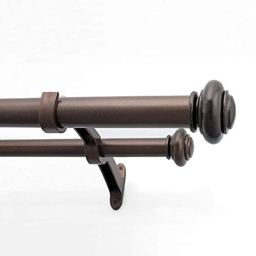 Deco Window 1 Inch Double Curtain Rod for Windows Adjustable 36” to 66” Brown Oil Rubbed with Endcap Disc Finials & Bracket Set
