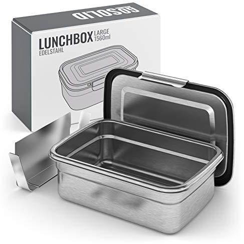 GoSolid Edelstahl Lunchbox 1560ml auslaufsicher | 1 Fach mit zusätzlichem Verschluss | Metall gebürstet | Brotdose | Vesperbox