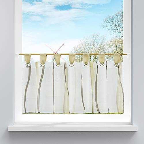HongYa Scheibengardine transparenter Voile Bistrogardine mit Schlaufen Wellen Muster H/B 45/120 cm Sand