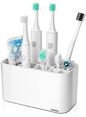CORNERIA Zahnbürstenhalter Wand - Badezimmer an der Wand befestigter Zahnbürstenbehälter - Zahnpastaständer (4 Zahnbürstenfächer + 6 elektrische Zahnbürstenköpfe) (weiß)