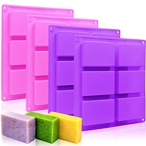 Silicone Soap Molds Set of 4, 6 Cavities Rectangle Silicone Soap Molds for Homemade Craft Soap, Cake Mold, Chocolate Mold & Ice Cube Tray(Purple & Pink)