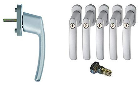 ABUS abschließbarer Fenstergriff | Volks Fenstergriff | Universell passend durch verstellbarem Vierkantstift | kein Sägen notwendig + Abschließbarer Fenstergriff, silber im Set 5 Stück