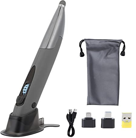 Hopcd Ratón óptico con bolígrafo de Bolsillo, bolígrafo de ratón de Escritura a Mano con Pantalla capacitiva inalámbrica de 2,4G con adaptadores para XP/7/8/10 (Gris-Plata)