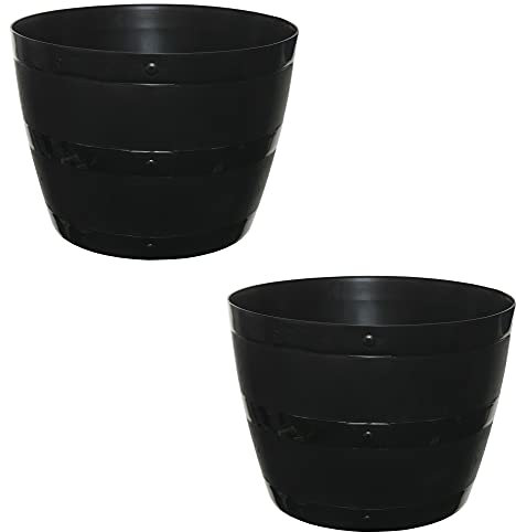 Optimal Products Black Plastic Planter Plant Pot Tub Garden Patio Out Or Indoor Barrel Flower Pot 35cm & 50cm (34cm (2 Barrel Planter) Black)