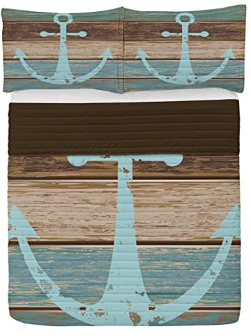 ABAKUHAUS Anker Mikrofaser Tagesdecken Set, Nautical Rustic, weiches Bettwäscheset mit Kissenbezügen und Steppdecke, 220 cm x 220 cm, Pale Blue Brown Teal
