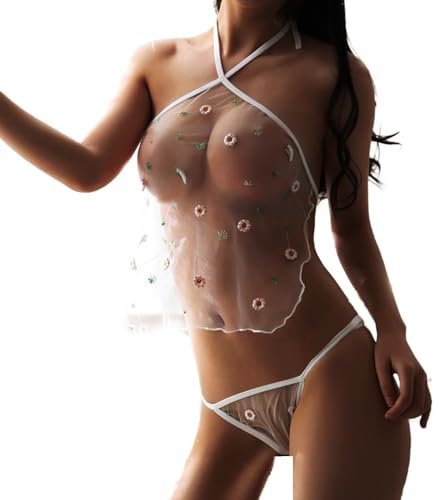 AMhomely Sexy Underwear Female Naughty Erotic Outfits Lace Mesh See Through Sheer Bra Set Fun Underwear Halter Embroidery Pajamas Slutty Underwears Nightwear Sets for Women UK Sale Clearance