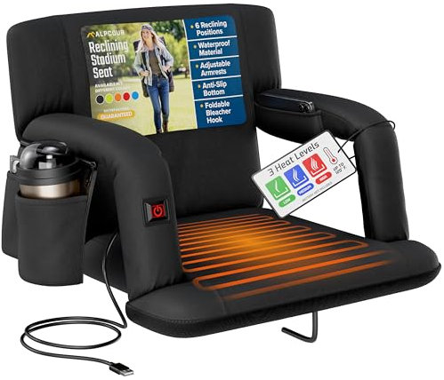 Alpcour Heated Reclining Stadium Seat for Bleachers – Wide Bleacher Chair with Back Support and Cushion, Armrests, Side Pockets, & Hook – Stadium Seats Chairs for Camping, Kayak, Paddle Board & More