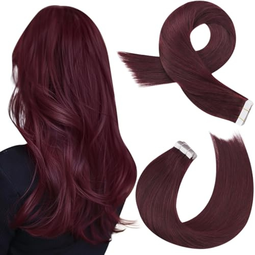 Moresoo Tape in Human Hair Extensions Wine Red Real Human Hair 24 Inch 50g | Add Volume, Easy Install, For Women, For Party, Adds Length, Heat Safe, Can be Straightened or Curled, Crack Proof, 100g/Set