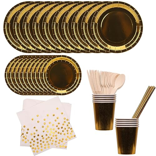Disposal Dinnerware (Gold) Disposable Tableware Party Supplies Set, Include Paper Plates Napkins Cups Forks Spoons Straws Napkins Disposable Dinnerware for Birthday, Christmas Party Decoration, 80pcs