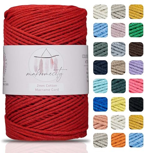 Makromecity, Cotton Macrame Cord 2mm x 195 yards (590 feet) 2mm Recycled Cotton Crochet Yarn for Macrame Art & Crafts for Wall Hangings, Bags, Underplate, Rug (25 Colors Available) (Red)