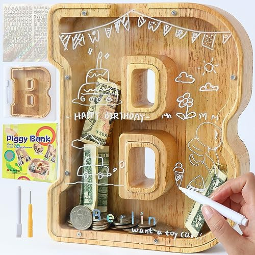 Lakpopya Spardose für Kinder Jungen Mädchen Sparschwein Kinder Spardose Personalisiert Durchsichtig Spardose Buchstabe Holz A-Z mit Zielbereich & Aufkleber & Marker, Taufe Geschenk Dekoration (B)