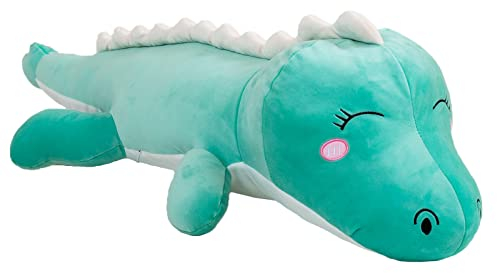 Aiuidun Peluche Dinosaure Doudou Peluche,Longue Peluche Dinosaure Jouet câlin Lombaire Coussin Dorsal poupée Cadeaux pour Enfants (60cm/23.6inch, Green - Happy)