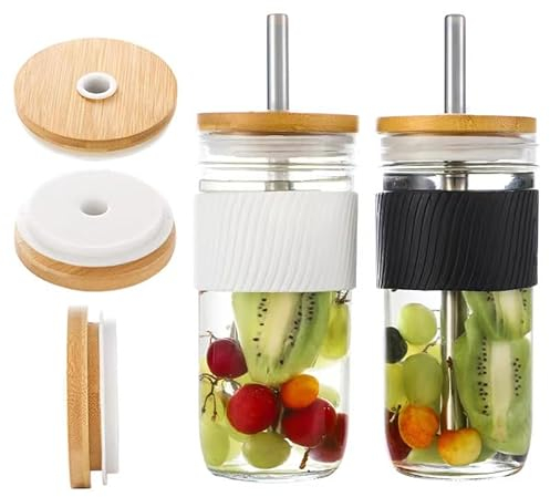 Upgrade 4Pcs Wide Mouth Bamboo Mason Jar Lids with Straw Hole and Silicone Caps - Reusable, Leak-Proof Covers for Glass Canning, Drinking, and Storage Jars