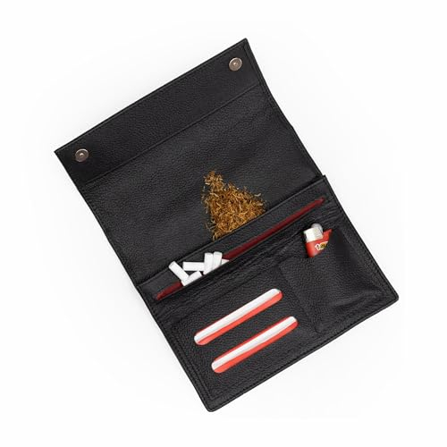 richhoff Tabaktasche aus Premium Leder - Tabakbeutel mit Magnetverschluss -Drehertasche mit Extra Double-Paper- & Filter- & Feuerzeugfach - Tabak Beutel - (Schwarz)