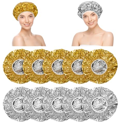 Gorros de Ducha de Papel de Aluminio para Acondicionamiento Profundo Reutilizable Gorro para el Cabello Gorro para Teñir el Cabello a Prueba de Agua (5 Dorados 5 Plateados)