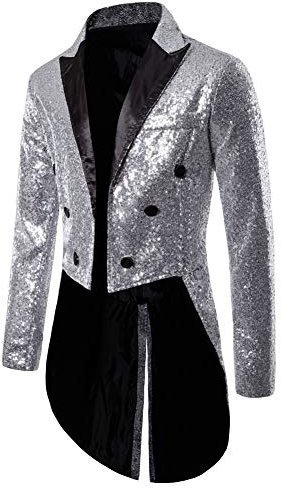 FeMereina Herren Pailletten Frack Schwalbenschwanz Anzug Jacke Smoking Kleid Mantel Slim Fit Frack Kleid Mantel Schwalbenschwanz Abendessen Party Hochzeit Blazer Anzug Jacke, Silber #2, M