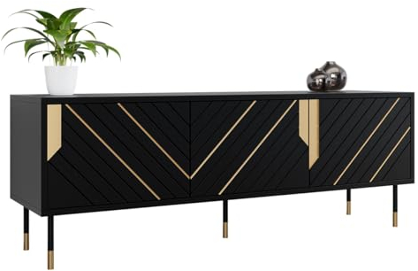 Mirjan24 Murni 150 Meuble TV bas 3D avec éléments laqués dorés, pieds en métal, meuble bas, table TV, armoire, meuble TV (noir/noir + doré)