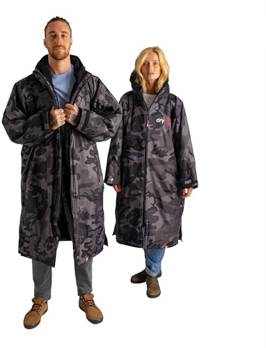 Dryrobe Advance - The Original Long Sleeve Waterproof Changing Robe - Oversized Coat with Fleece Lining - for Beach, Cold Water Wild Swimming, Surfing - Small - Black Camo/Black
