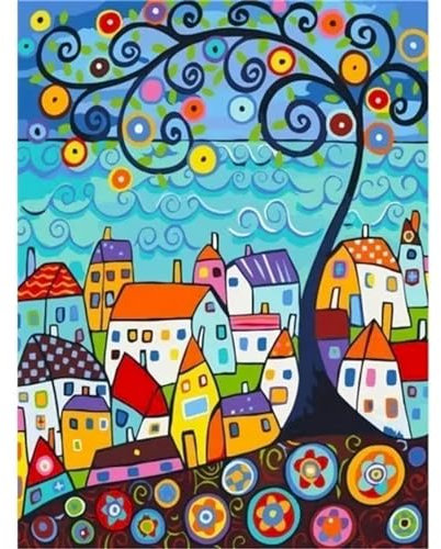 Cartoon Baumhaus Malen nach Zahlen Erwachsene ohne Rahmen Malen Nach Zahlen Kits DIY Ölgemälde Leinwand Gemälde Set mit Pinsels und Farbe Acryl Malerei für Erwachsene Geschenk für Home Deko,60x75cm
