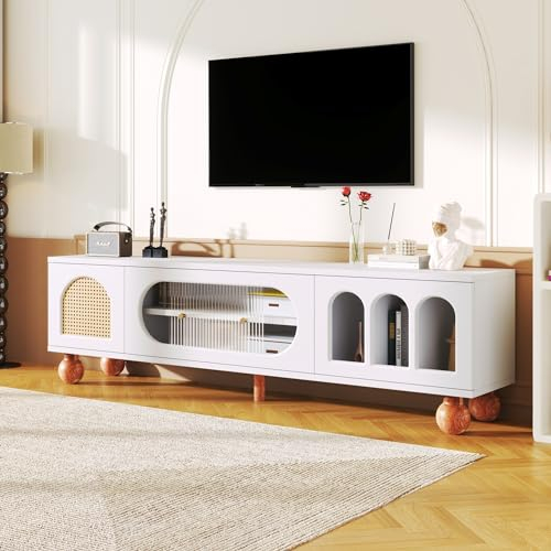 Merax TV Lowboard mit Glasschiebetür TV Schrank Wohnzimmertisch Fernsehschrank Fernsehtisch TV Bank mit Rattan-ähnlicher Tür