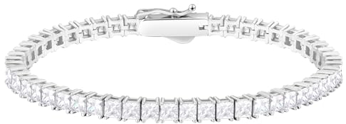 KRKC&CO Tennisarmband Silber 925 für Damen, 3mm Tennis Armband Prinzessschliff Weißgold beschichtet, Zirkonia Kristall Armband Iced Out, Geburtstag Geschenk für Frauen Mädchen [Größe 17,8cm]