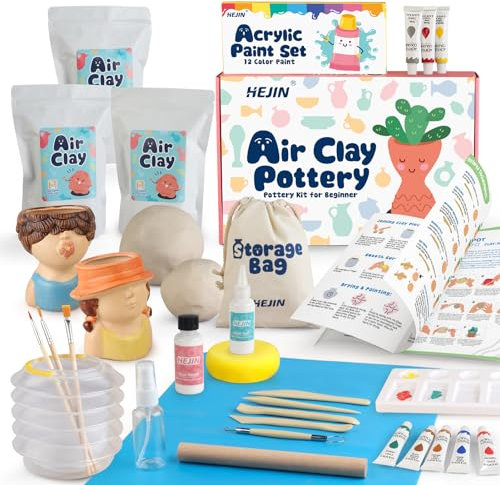 HEJIN Lufttrockener Ton Kit für Erwachsene, 1,5 kg Töpferei Bastelset für Anfänger, Modellierwerkzeuge Set & Schritt-für-Schritt-Anleitung, 12 Farben, Pinsel, Lack, Schwamm - Basteln für Erwachsene
