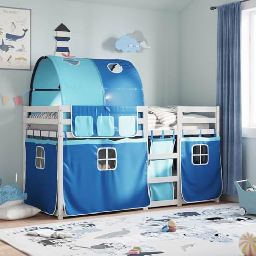 vidaXL Etagenbett, Kinderbett mit Vorhängen Leiter, Hochbett Spielbett für Kinder ab 6 Jahren, Doppel Stockbett Bett, Blau 80x200cm Massivholz Kiefer