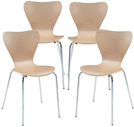 [en.casa] Esszimmerstühle 4er Set Essunga Stühle für Esszimmer Küchenstühle Stapelstuhl Holz Metallbeine 80 x 48 x 46 cm Lehnstuhl Natur/Chromfarben