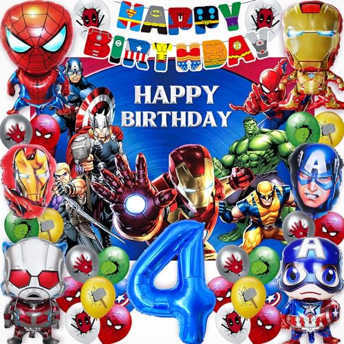 33 Stück Geburtstagsdeko 4 Jahre,Party Deko Ballon Roter Held,Deko Geburtstag,Happy Birthday Deko Mit Hintergrundtuch,Junge Mädchen Geburtstag Party Dekoration,Perfekt Geschenk Hero Luftballon 4.