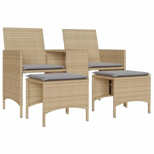 vidaXL Gartensofa 2-Sitzer, Gartenbank mit Tisch Hockern, Sitzbank für Garten Terrasse Balkon, Gartenmöbel Gartensessel, Beige Poly Rattan