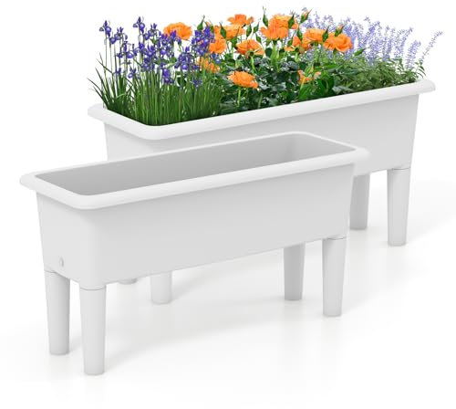 TANGZON 2PCS Raised Garden Beds, 80 x 30 x 40 cm Self-Watering Elevated Flower Box with Detachable Legs, Water Drainage Hole, Outdoor Raised Planter Box for Flowers, Vegetables, Fruits, Herbs (White)