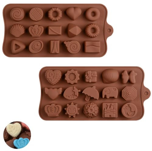 2 Piezas Molde de Chocolate y Silicona Antiadherente - 30 Formas para Bombones, DIY Cubitos de Hielo, Gelatina - Molde para Dulces