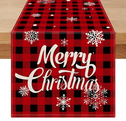 Vorysum Tischläufer Geometrisch Gitter Weihnachten Rot 33x183 cm Modern Leinen Rustikal für Weihnachtsdeko Winter Tisch