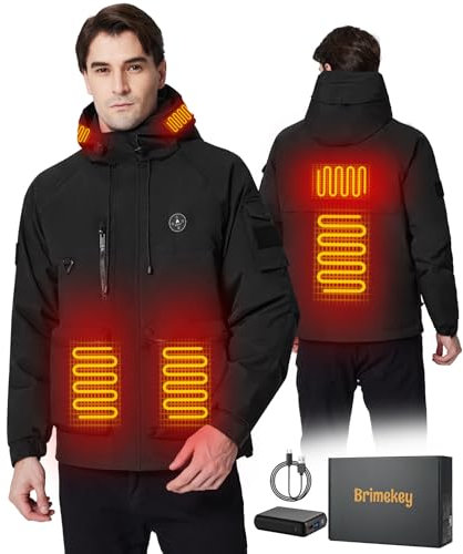 Brimekey Veste Chauffante Homme, Blouson Chauffant avec Batterie 12000mAh 7.4V, 6 Zones de Chauffage & 3 Niveaux de Température, Veste D'hiver Imperméable Coupe-vent pour Ski Randonnée Camping