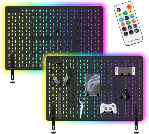 2-in-1 ARGB Gaming Pegboard LED-Leuchten Schreibtisch-Pegboard mit App-Sprachsteuerung, Fernbedienung, RGB-Musik-Sync, farbwechselnden Lichtern, Wandorganisator-Panels für Gaming-Setup 2 Stück