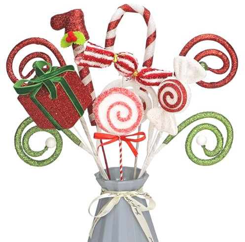 8 Pcs Mixed Christmas Candy Picks - Glitter Candy Cane Decorations, Tree Picks, Gift Box, Elf Leg, Lollipop for Xmas Tree, Wreath, Vase Filler, Crafts, Holiday Party Home