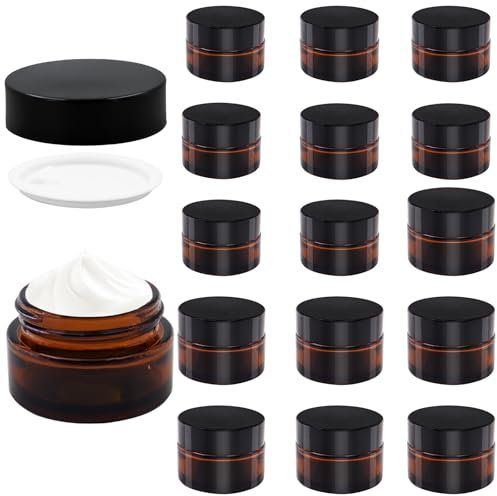 TOKSEO 16 Stück Amber Glas Leerdose, Braunglas Tiegel Cremedosen zum Befüllen 20/30 ml Salbentiegel, Kosmetik Behälter, Braunen Glasbehälter mit Deckel und Liner für Kosmetik Cremes Lotionen