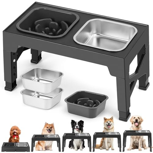 Romicta Erhöhter Futternapf für große Hunde mit 2 Näpfen aus Edelstahl mit 1400 ml und 1100 ml Anti-Glouton-Napf – für mittelgroße und große Hunde – 5 verstellbare Höhen