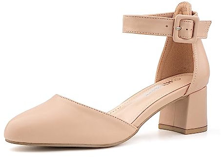 Hitmars Ladies Mid Heel Sandals Court Shoes for Women Low Block Heel Sandals Strappy Pumps Wedding Prom Party Elegant Ankle Strap Evening Nude UK 7.5