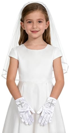 TINAYAUE Mädchen Leichter Schleier mit Handschuhen Blumenmädchen Weißer kurzer Schleier Atmungsaktive Handschuhe Eleganter Haarschmuck für Hochzeiten, Verlobungsfeiern, Kommunion, Fotografie