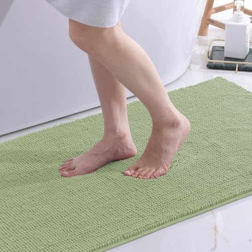 OLANLY Chenille Badematte rutschfest Badezimmerteppich, 60x90 cm | Waschbar Badteppich Badvorleger Saugfähige Duschvorleger Badezimmer Deko, Grasgrün