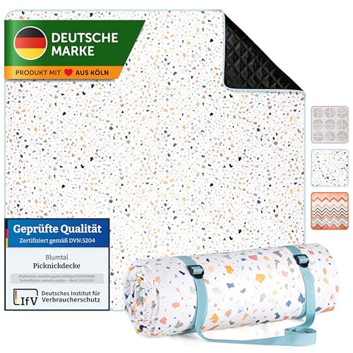 Blumtal Premium Picknickdecke wasserabweisend 200x200 cm Boho & Terrazzo Design - waschbare Stranddecke 200x200 + weiche Zwischenfüllung - Campingdecke aus Oxford-Gewebe - Decke Terrazzo Bunt