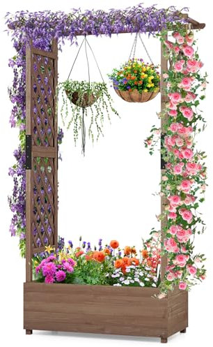 RELAX4LIFE Fioriera da Esterno in Legno, Aiuola Rialzata con Grigliato e Drenaggio, Porta Vasi di Fiori e Rampicanti per Giardino/Balcone/Terrazza (Marrone)