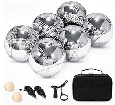 Boules-Set,Boccia Kugeln Stahlkugeln, 6-teilig Zielkugel inkl. Abstandsmesser, in wiederverschließbarer Tragetasch Petanque für Outdoor-Spiel